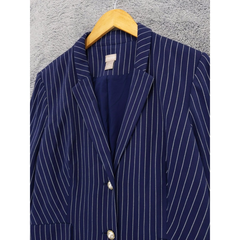 Chicos‎ Women's Blazer US Size 2 12/14 Navy Blue Striped Long Sleeve Ruffle Cuff - Picture 2 of 9